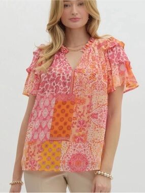 entro Mixed Paisley Flutter Sleeve Blouse - Pink & Orange